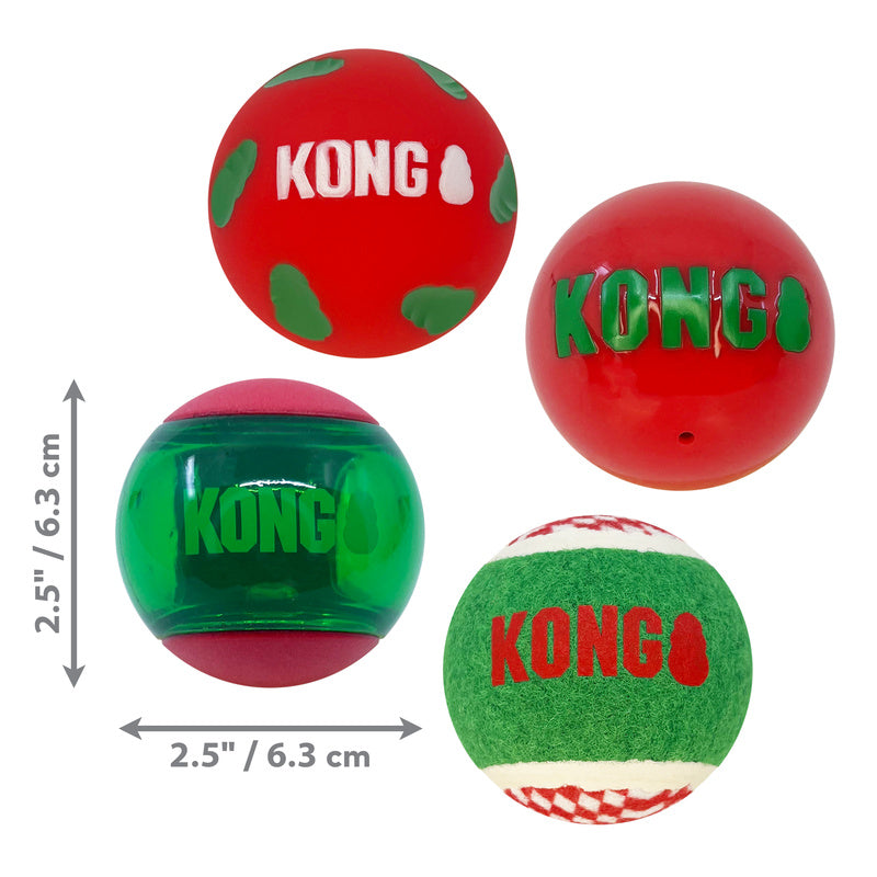 KONG Holiday Occasions Festive Squeaky Tennis Balls for Dogs 4-Pack