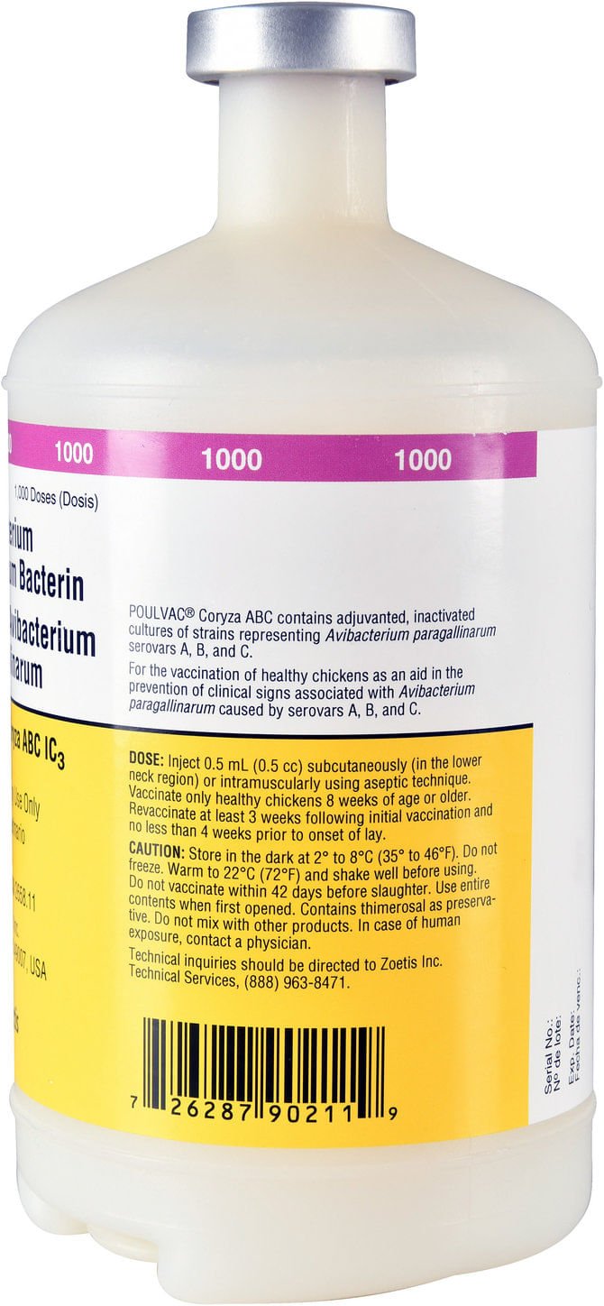 Zoetis Poulvac Coryza ABC IC3 Poultry Vaccine 1000 Doses 500 mL